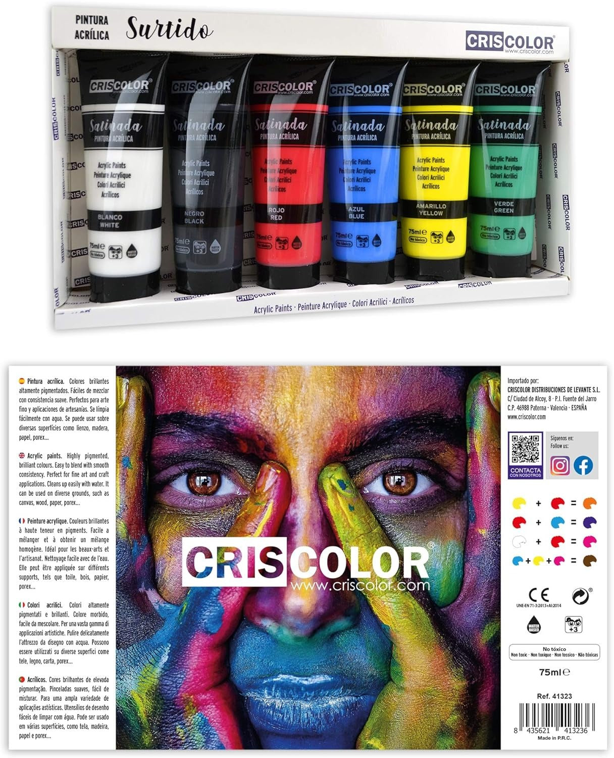 Criscolor | Set de pintura acrilica de 6 colores para lienzos y manualidades, surtido, 75 ml (Paquete de 6)