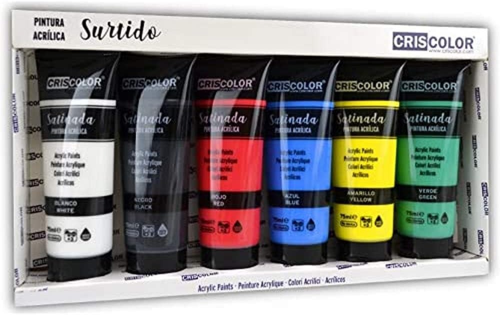 Criscolor | Set de pintura acrilica de 6 colores para lienzos y manualidades, surtido, 75 ml (Paquete de 6)